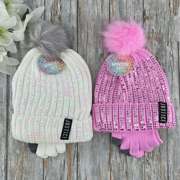 Girls Justice Ribbed & Full Print Winter Cozy Beanie and Gloves 2, 2-Piece Sets - Picture 1 of 13